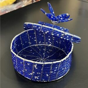 Blue Beaded Basket with Lid